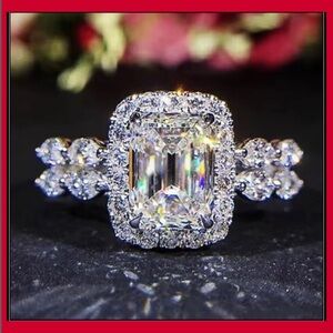 NEW WHITE GOLD SQUARE CUT PRINCESS PAVE SIMULATED DIAMOND BAGUETTE RING